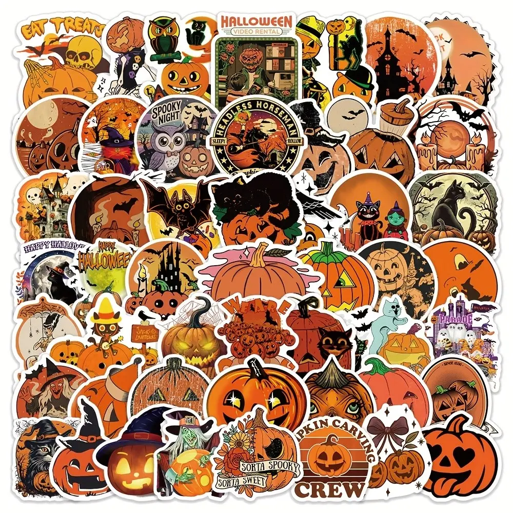 50pcs Vintage Halloween Stickers, Creative Ghost Pumpkin Head Graffiti Decorations, Atmospheric Wall Art for Festive Season