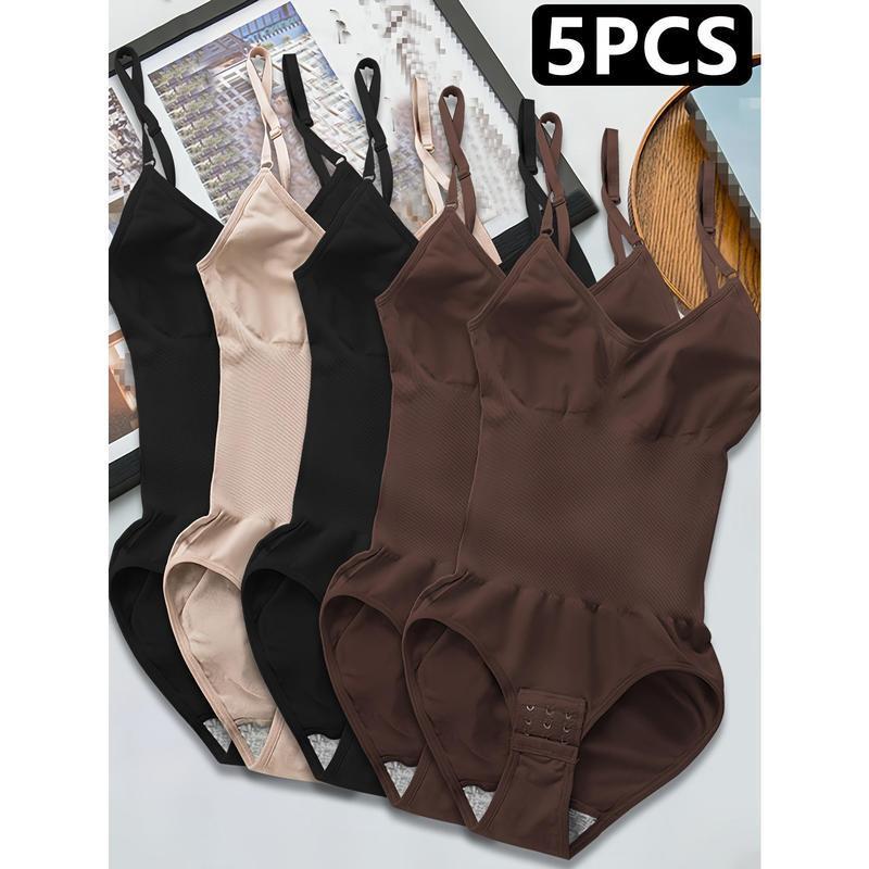 5pcs Women's Seamless Shapewear Bodysuit with Abdominal Compression & Hip Lifting - Tummy Control, No Padding, Stretchy Nylon-Spandex Blend, Black/Brown/White/Beige/Navy Blue, for Travel & Casual Attire, Comfort Undergarment |         Closefitting Sha