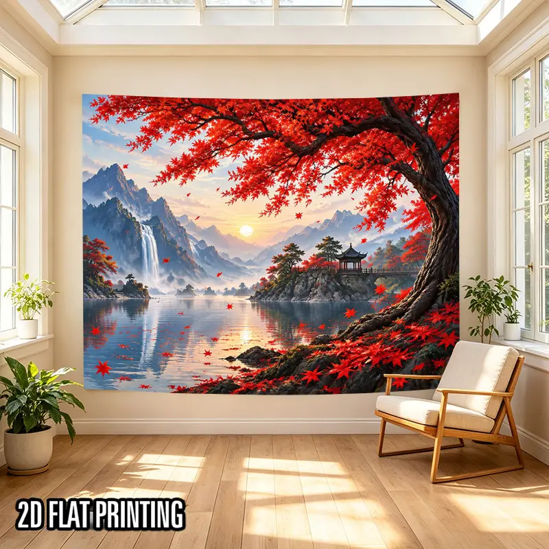 1pc Chinese Style Red Maple Tree Waterfall Landscape Painting Print Tapestry, Home Decor Wall Hanging for Bedroom, Living Room, Photo Booth Background, Painting Print Tapestries