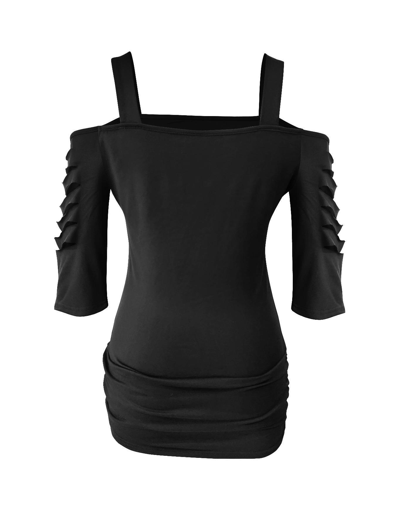 Women's Cut Out Shoulder Three Quarter Sleeve T-Shirt, Side Ruched Design, Soft Elastic Fabric, Casual Daily Wear