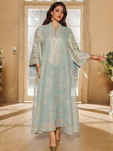 Hafizah Floral Print Long Dress, Stand Collar Fringe Front, Sequin Trim Bell Sleeve, Loose-Fit Outerwear for All Seasons