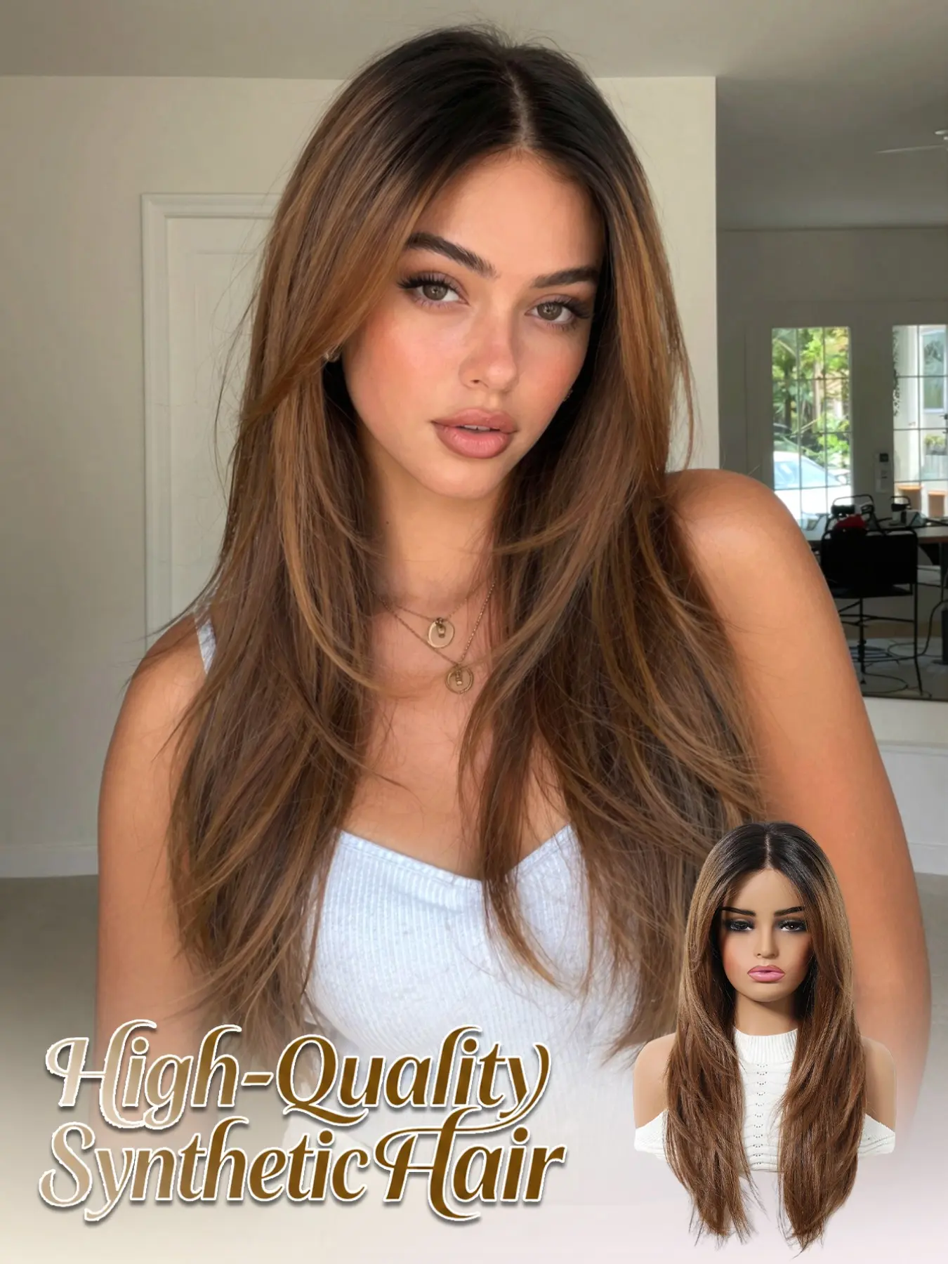 Topshe Center Part Wig, High-Quality Seamless Synthetic 13x6 Lace Front, Deep Highlights, 22 Inches Straight Hair, Natural Look, Straight Synthetic Wigs