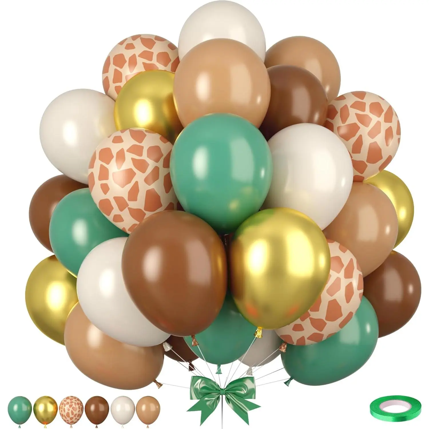 Balloons, 50pcs Green Brown Balloons, Sage Green Ivory White Apricot Balloon, Giraffe Print Jungle Balloon for Jungle Safari Woodland Wild One Theme Birthday Shower Wedding Decorations