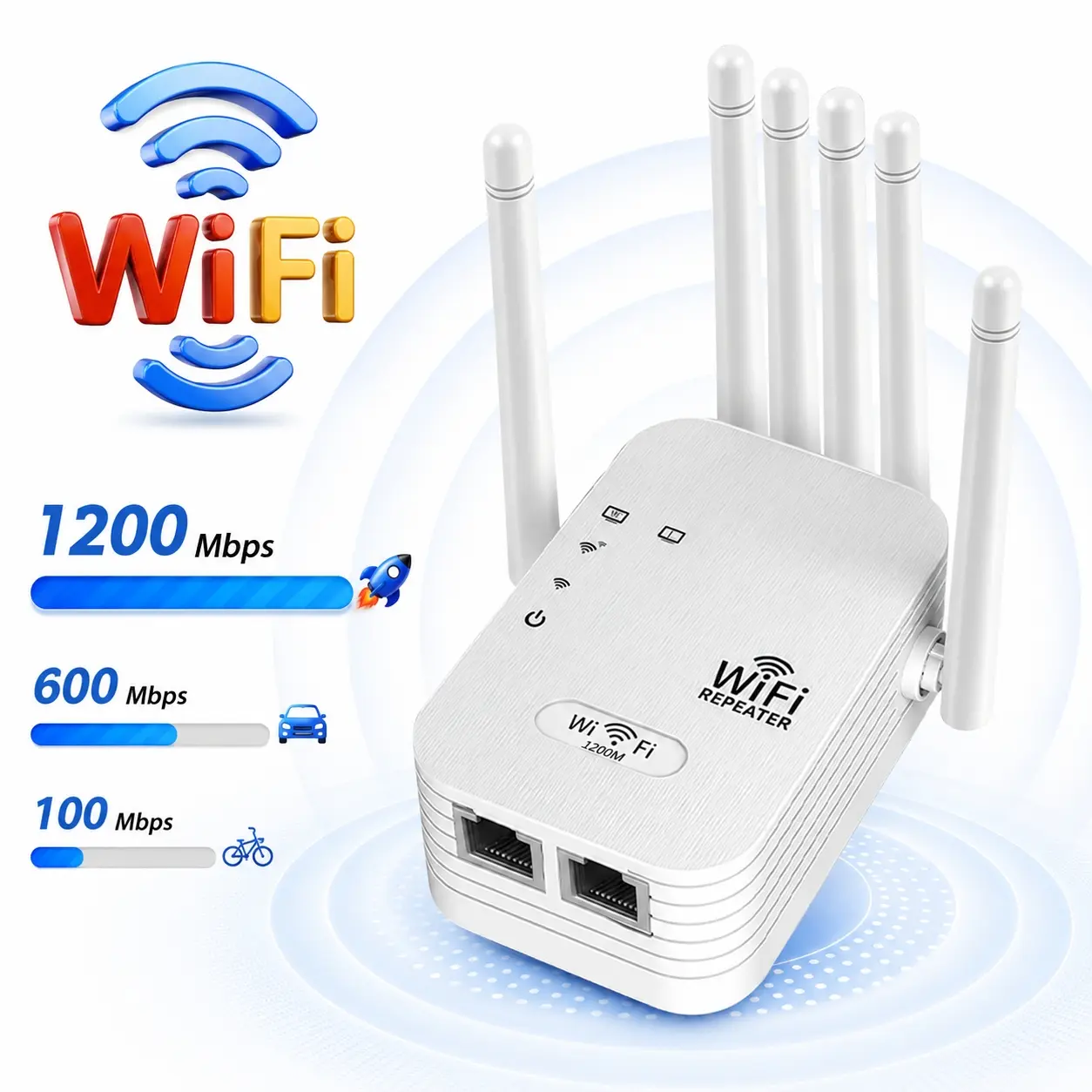 6 Antenna WiFi Extender, 1200Mbps High Speed, Dual Band Wireless Signal Booster Equipped with Ethernet Port, Large Coverage Connecting 50 Devices, Easy Installation to Eliminate Dead Zones for Household Router & Smart Device Connection