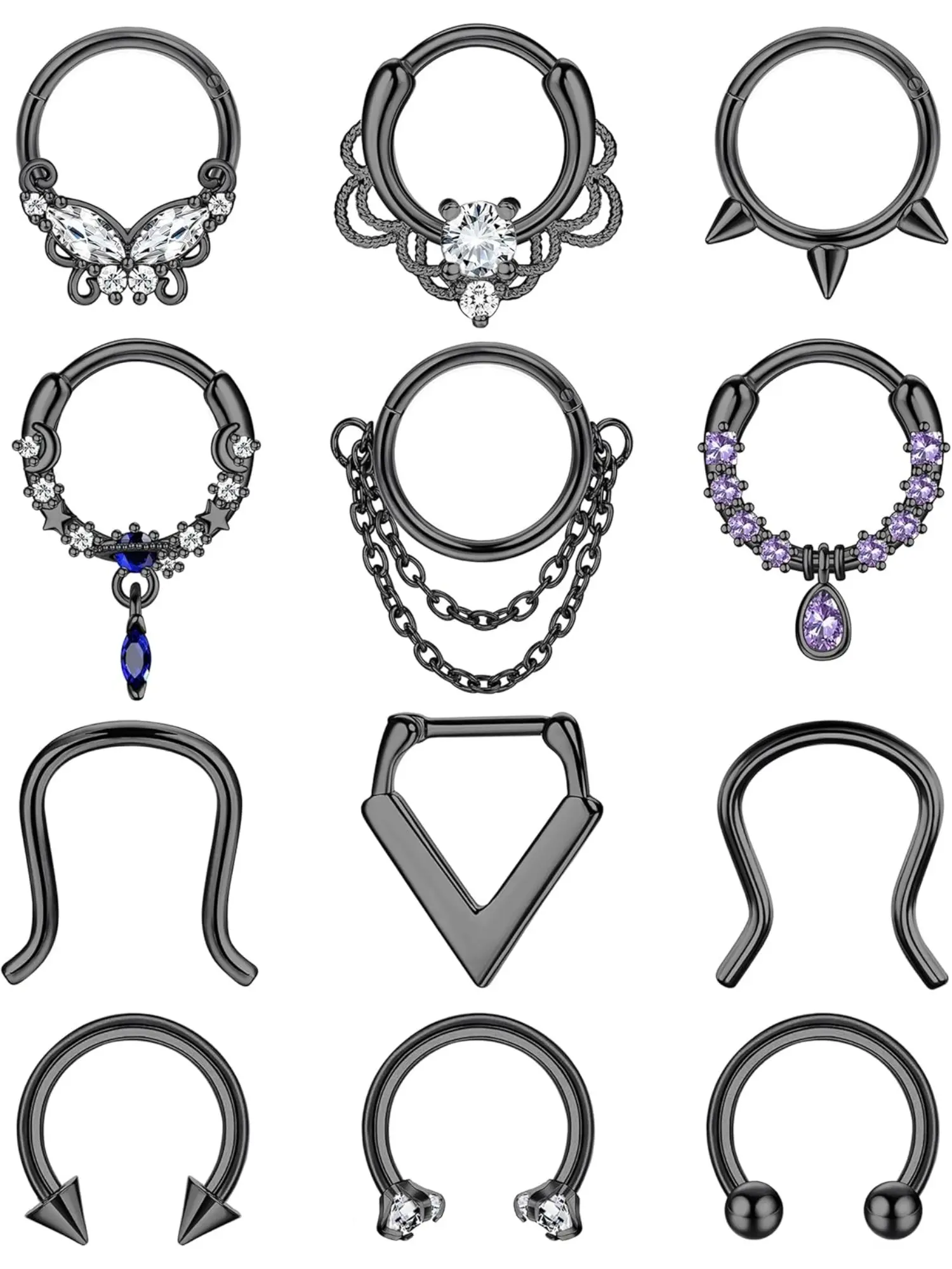 12Pcs 16G Surgical Steel Dangle Septum Clicker Hoops Bundle for Women, 10MM CZ Inlaid Horseshoe Multi-Wear Body Piercing Jewelry, Nose Cartilage Helix Tragus Daith Rings