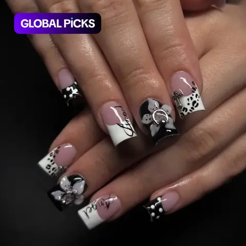 Dark Edgy Y2K Style Square Press-On Nails, 3D Floral Accents, Retro-Cool Black White Classic French Tips, Unique Metal Ring Design, Leopard Print & Polka Dots, Reusable DIY Nail Art, Ideal for Music Festivals, Parties #GLOBAL PICKS