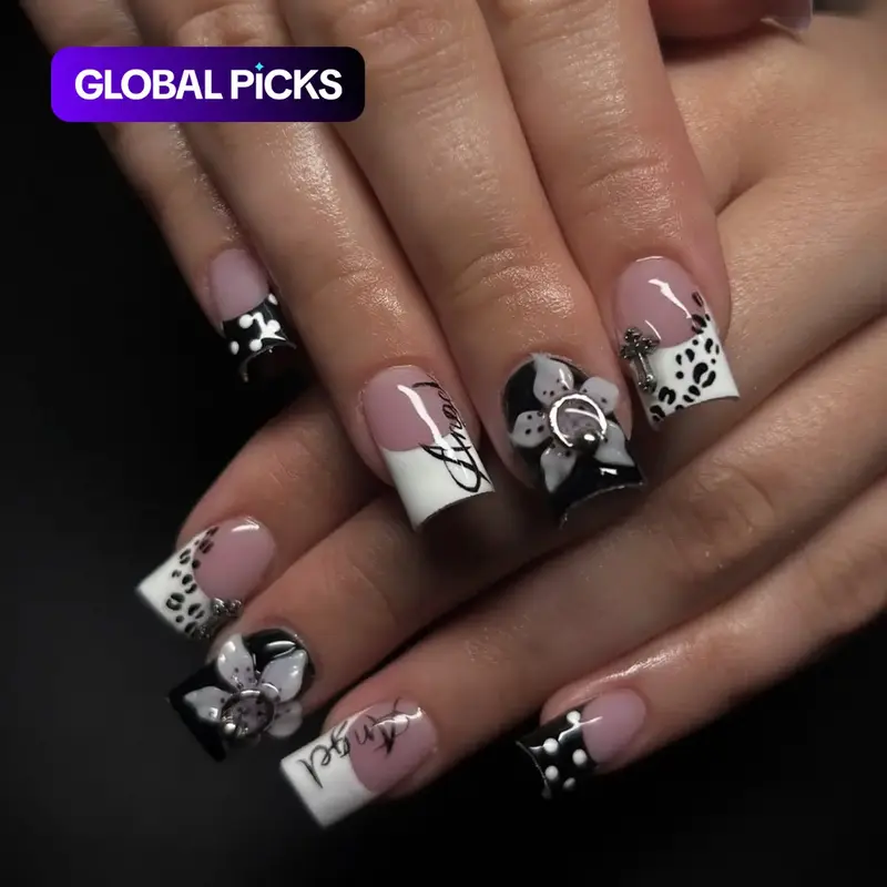 Dark Edgy Y2K Style Square Press-On Nails, 3D Floral Accents, Retro-Cool Black White Classic French Tips, Unique Metal Ring Design, Leopard Print & Polka Dots, Reusable DIY Nail Art, Ideal for Music Festivals, Parties #GLOBAL PICKS