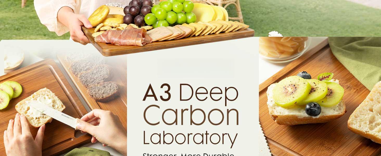 Deep-Carbonized Bamboo Cutting Boards for Kitchen with Wood Storage Stand, Reversible Charcuterie & Chopping Boards with Juice Grooves and Easy-Grip Handles, Knife-Friendly, Kitchen Gift