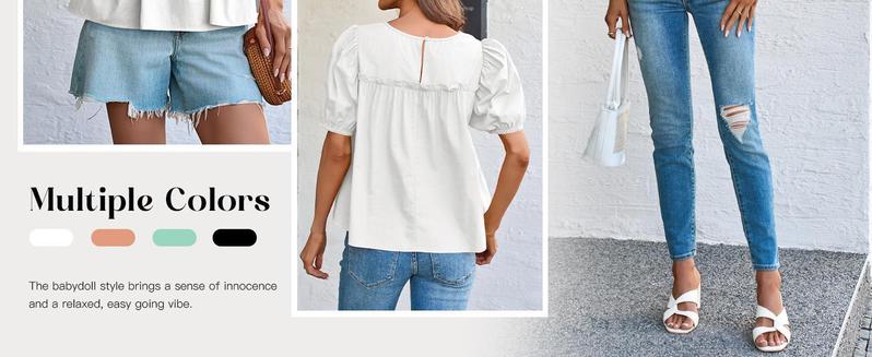 PASLTER Womens Puff Sleeve Peplum Babydoll Tops Summer Smoked Pleated Cotton T-Shirts Casual Loose Fit Flowy Blouse