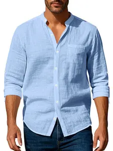 Men's Solid Linen Stand Collar Shirt, Versatile Casual Top for Commuting and Travel, Comfortable and Stylish Everyday Wear
