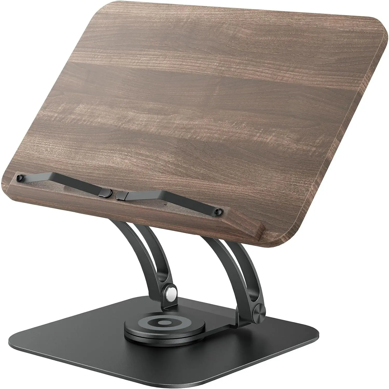 Adjustable Book Stand for Reading with 360° Swivel Base, Foldable Cookbook Recipe Holder with Elastic Page Clips for Music Scores, Tablet, Laptop - Black