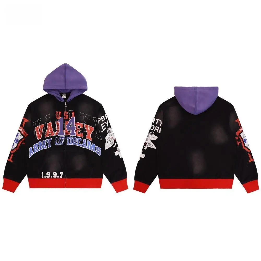 Unisex 2026 Valley Vintage Loose Long-Sleeve Oversized Washed Distressed Cotton Zip-Up Hoodie - Zipper, Embroidery Patch, Print, French Terry Fabric, Stylish Casual Hip Hop Streetwear, Autumn Winter Warm Sports Outerwear, Ideal Memorial Day Gift, Father’s