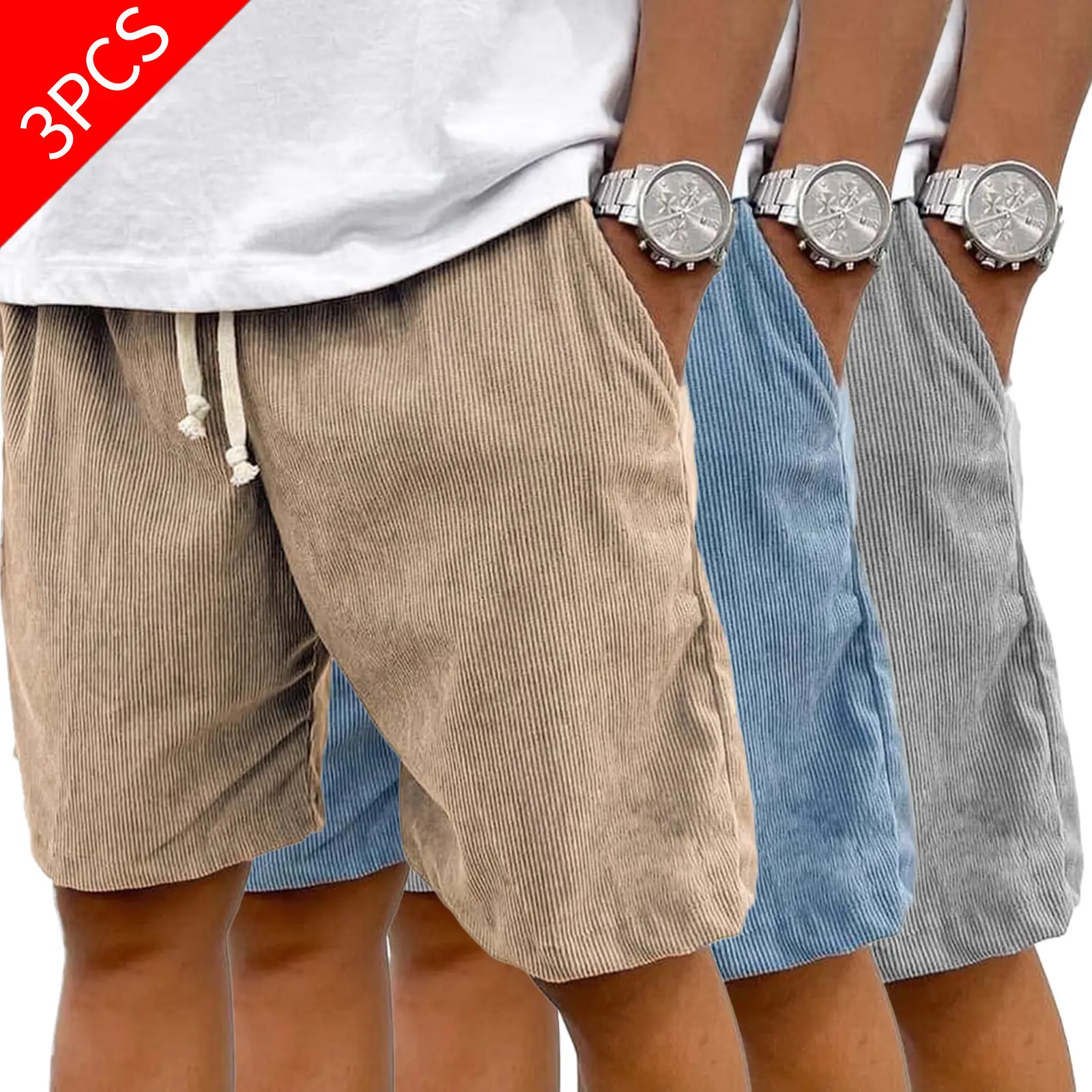 3PCS 2026 New American-style Men's Summer Casual Vintage Corduroy Shorts with Drawstring – Loose-Fit Trendy Athleisure Mid-Length Shorts, Suitable for Streetwear and Everyday Outfits.