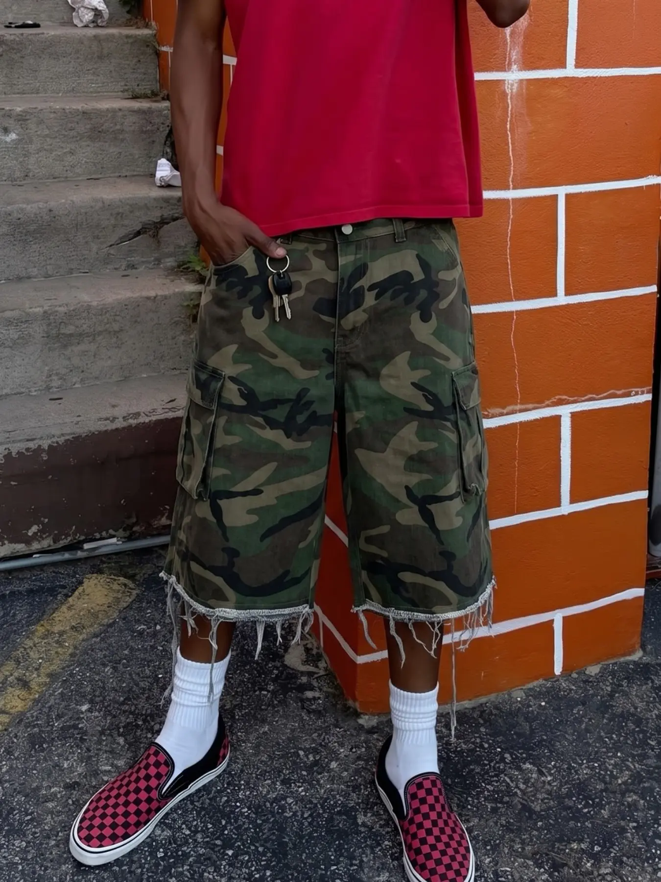 American Vintage Camo Workwear Jeans Five-Quarter Pants, Frayed Hem Bellows Leg Multi-Side Pockets, Men's High Street Casual Trendy Shorts