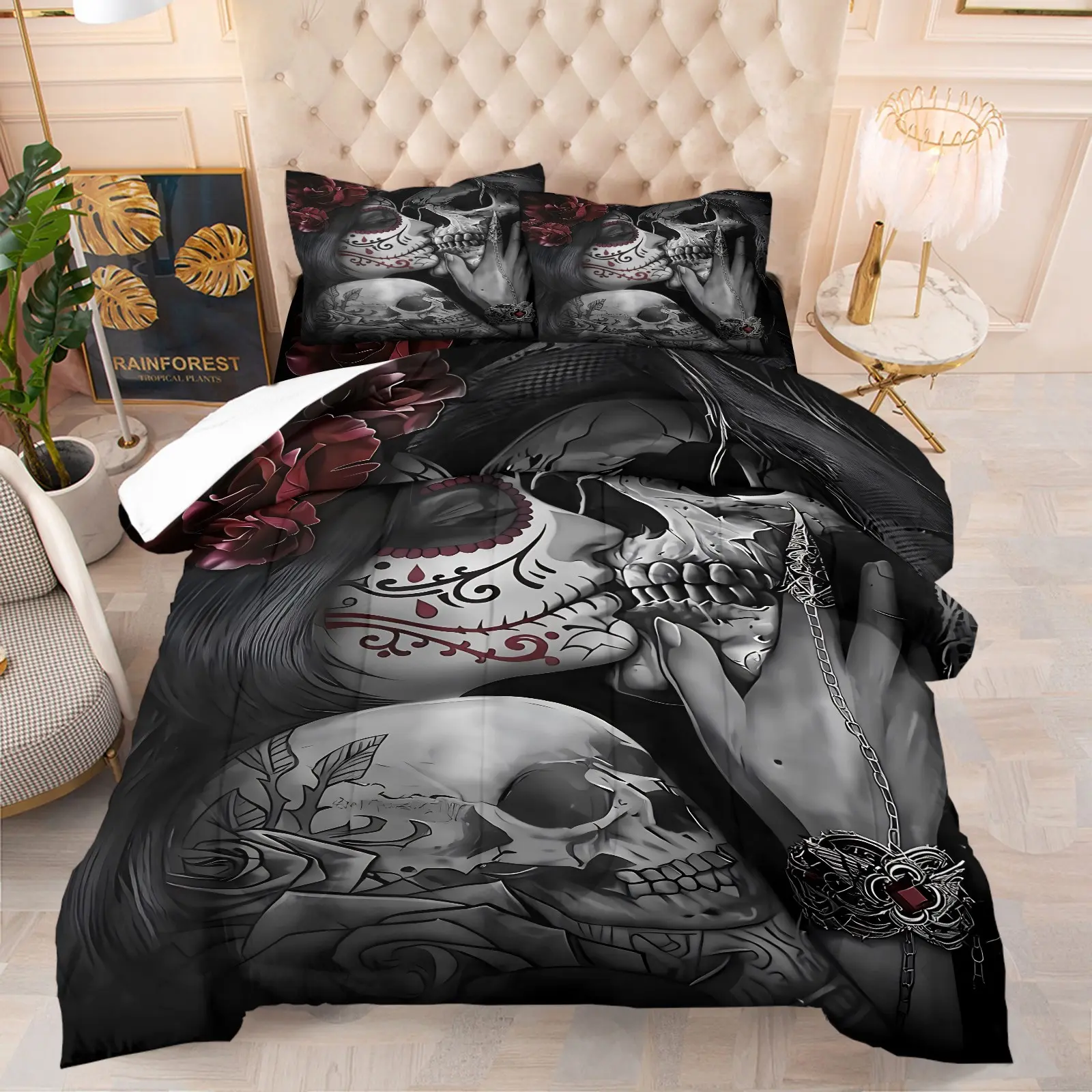 Halloween Tattoo Sugar Skull Print Comforter Set, Printed Bedding Set, Gothic Lady Skull Rose Chain Design, Soft Comfortable, Comfy Bed Sets, All Seasons, Dark Vanguard Bedroom Decor