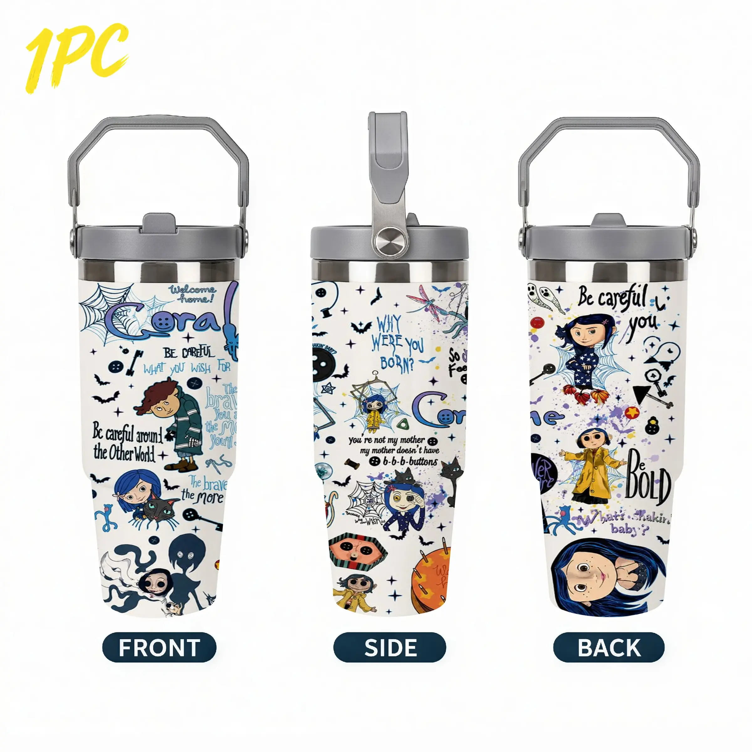 1PC Coraline Spooky Cute Cartoon Doodle 30oz 900ml 304 Stainless Steel Handle Flip‑Lid Tumbler, Full Wrap Sublimation Print