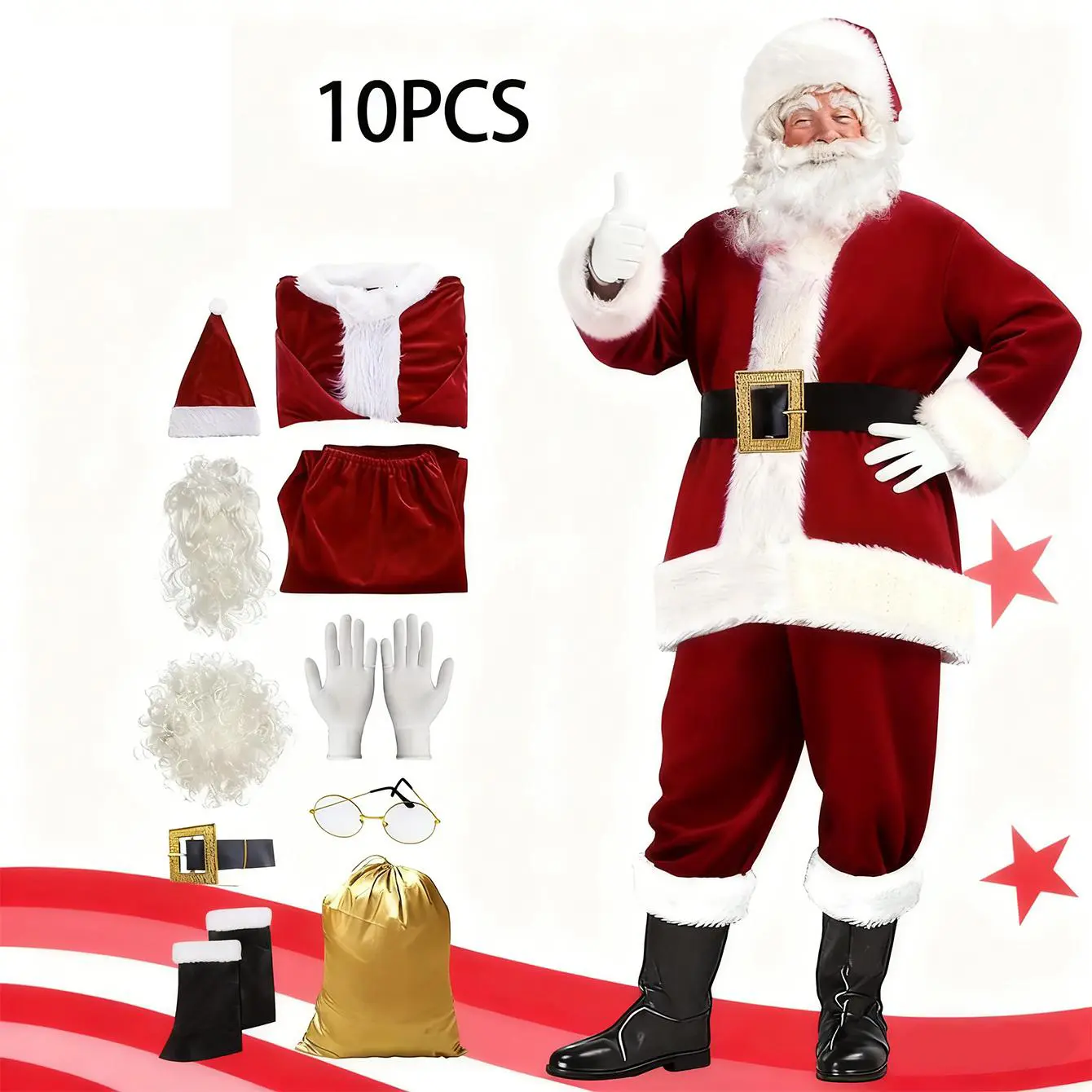 [Santa claus costume] 10pcs set, Burgundy Santa Outfits (Adult Size Free), Deluxe Wine Red Velvet Santa Suits, Wig Gloves Glasses, Festive Costume, Soft Velvet Fabric, Comfortable Fit, Christmas Suit, Costume Set, Party Planners, Cosplay Lovers