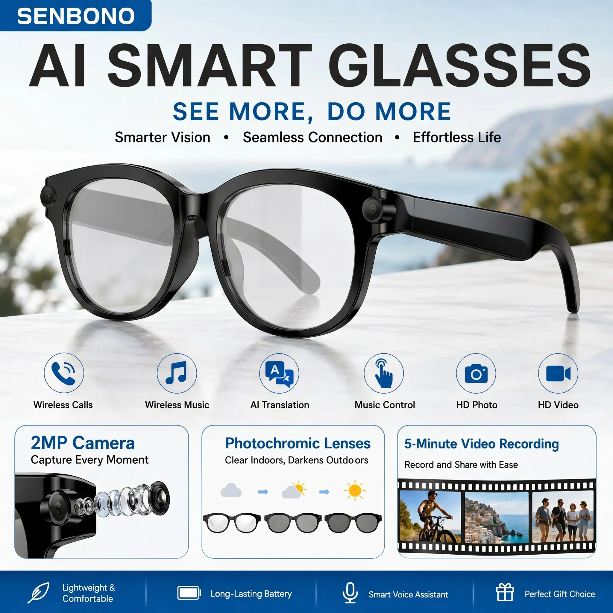 SENBONO Smart Glasses Ai Translation, Object Recognition, 2MP/8MP HD Camera, Bluetooth-compatible Call, Music Control,Lightweight 39g Wearable Glasses