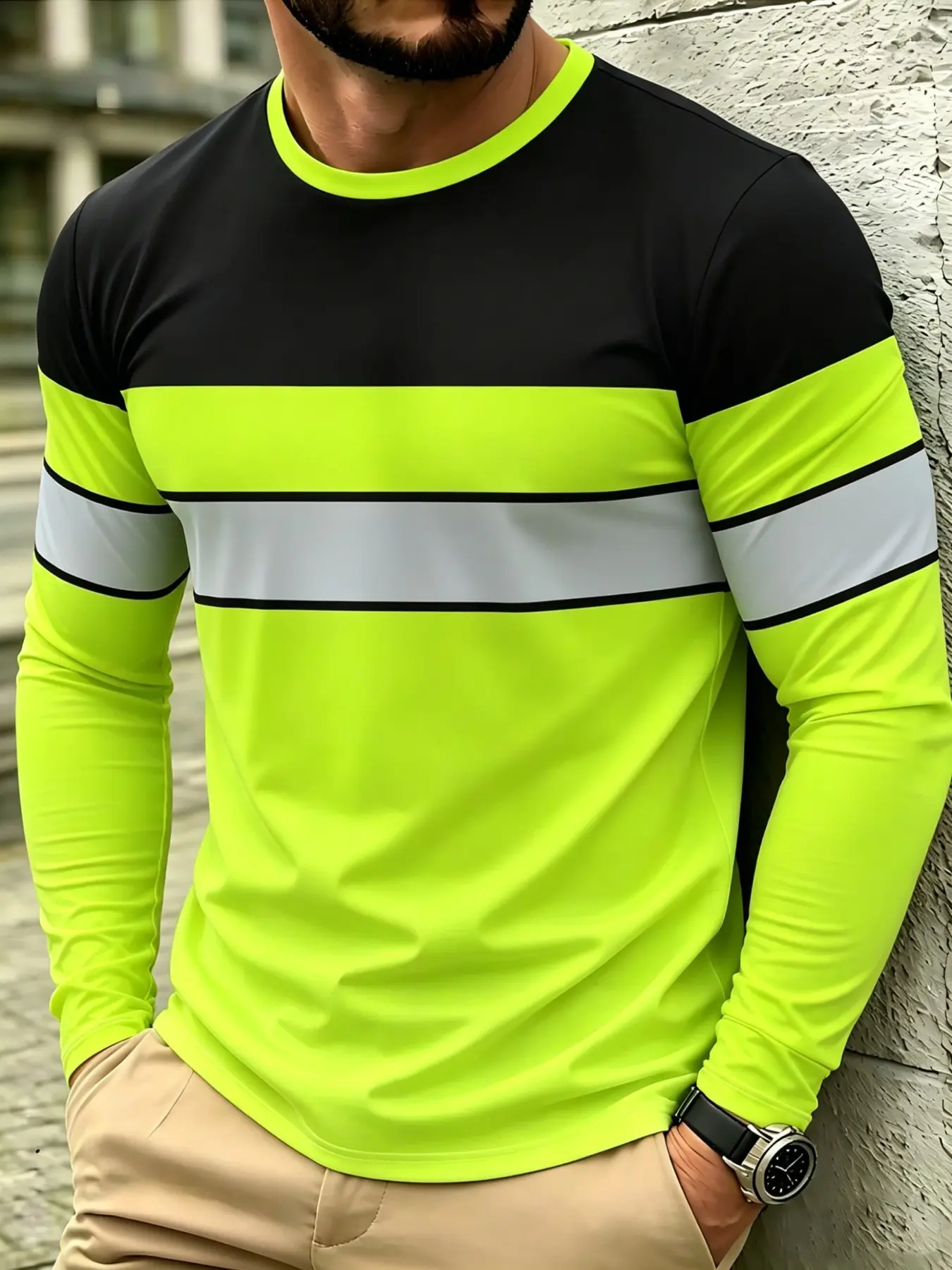 Striped Safety Workwear Long Sleeve T-Shirt, Outdoor Construction High Visibility Men's Casual Sport Fitness Top, Summer 2026 New Arrival