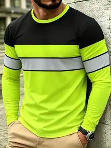 Striped Safety Workwear Long Sleeve T-Shirt, Outdoor Construction High Visibility Men's Casual Sport Fitness Top, Summer 2026 New Arrival