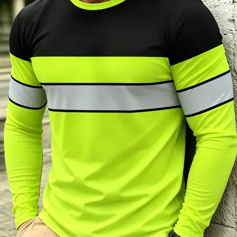 Striped Safety Workwear Long Sleeve T-Shirt, Outdoor Construction High Visibility Men's Casual Sport Fitness Top, Summer 2026 New Arrival, Clothes