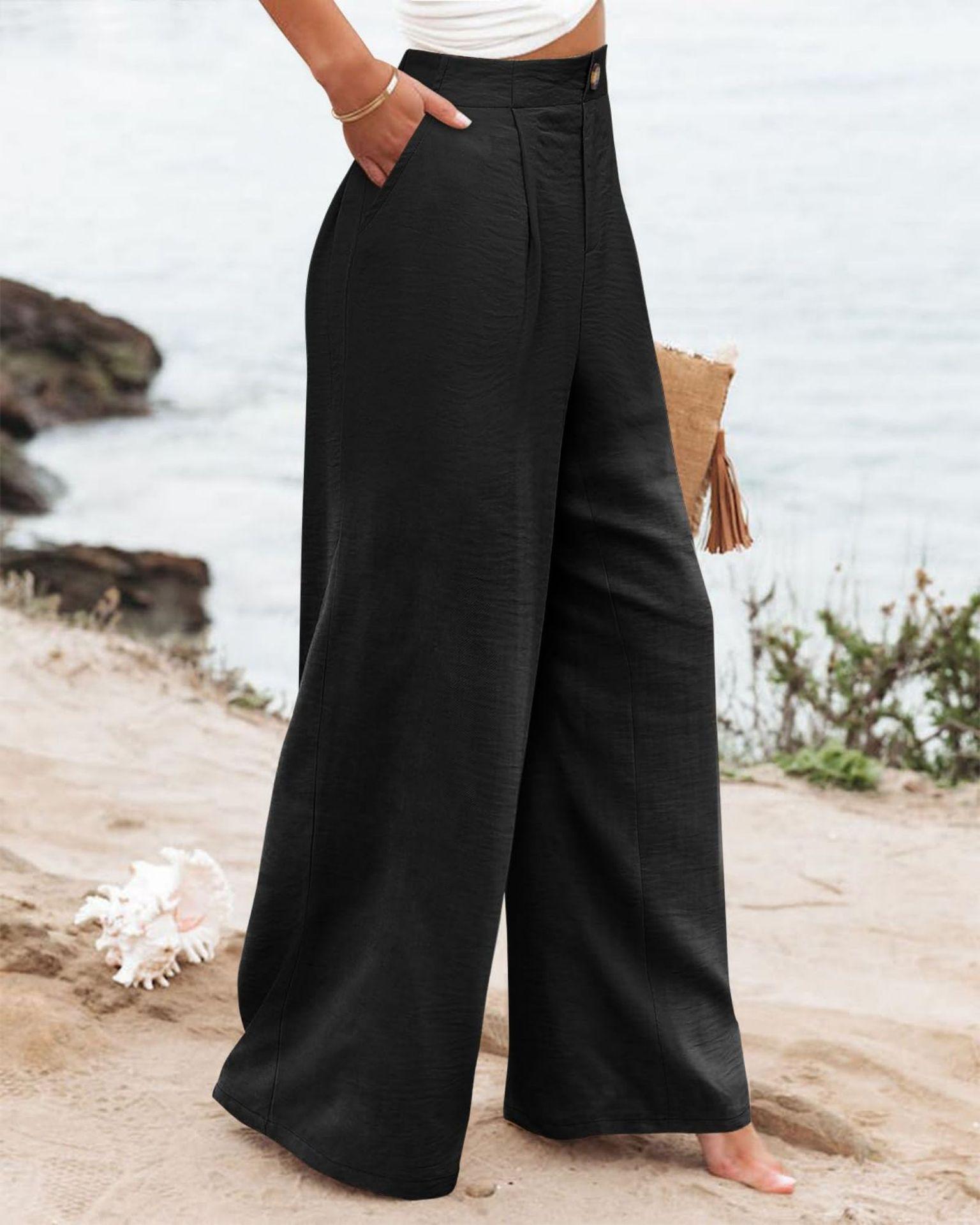 Women's Commuting and Vacation Summer Comfortable High-Waisted Long Pants with Buttons, Elastic Waist, Wide-Leg Casual Straight Pants