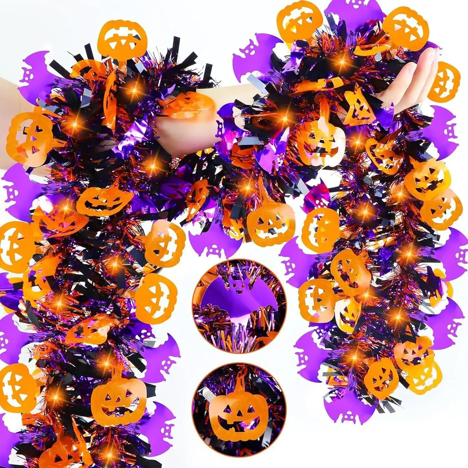 33ft Halloween Decorations,4in Wide  Tinsel Garland, 5-Layer with Orange Pumpkins & Bats,Halloween Garland Decorations Indoor