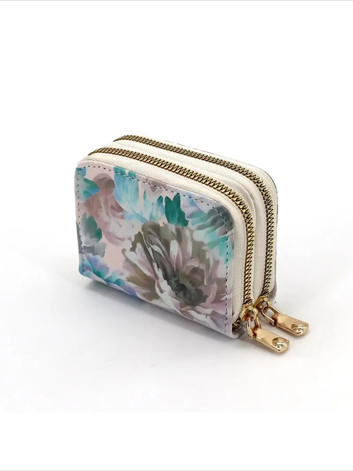 Floral Print Double Zipper Card Wallet, Mini PU Leather Accordion, Multi Slot Cash Coin Purse, Portable Small Zipper Wallet for Women, Fashion Card Holder, Zipper Wallet Design