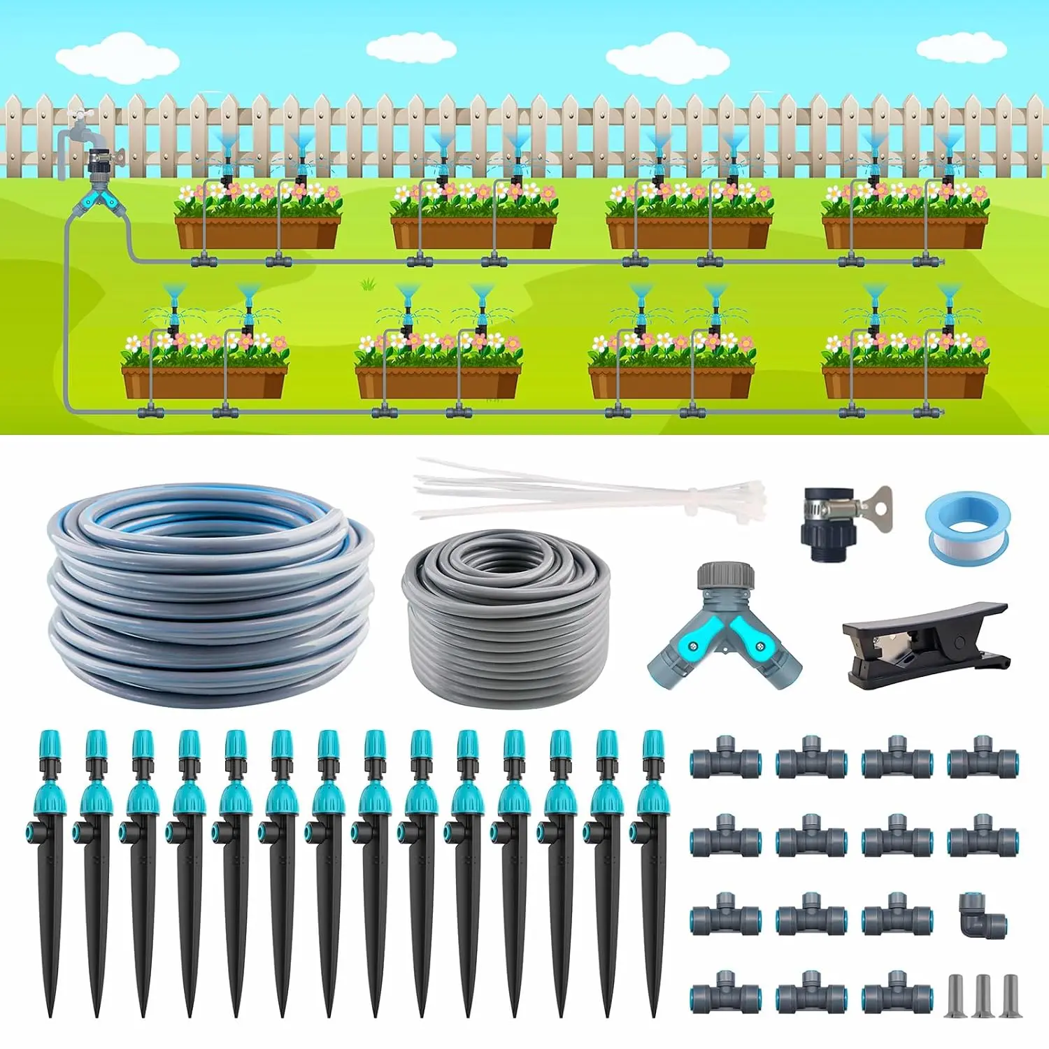 98ft Drip Irrigation Kit for DIY Users, Upgraded Plug-and-Play Quick-Connect System with Adjustable Nozzles, Durable Hoses – Drip Watering Solution for Outdoor Flower Beds, Lawns, Plug & Play
