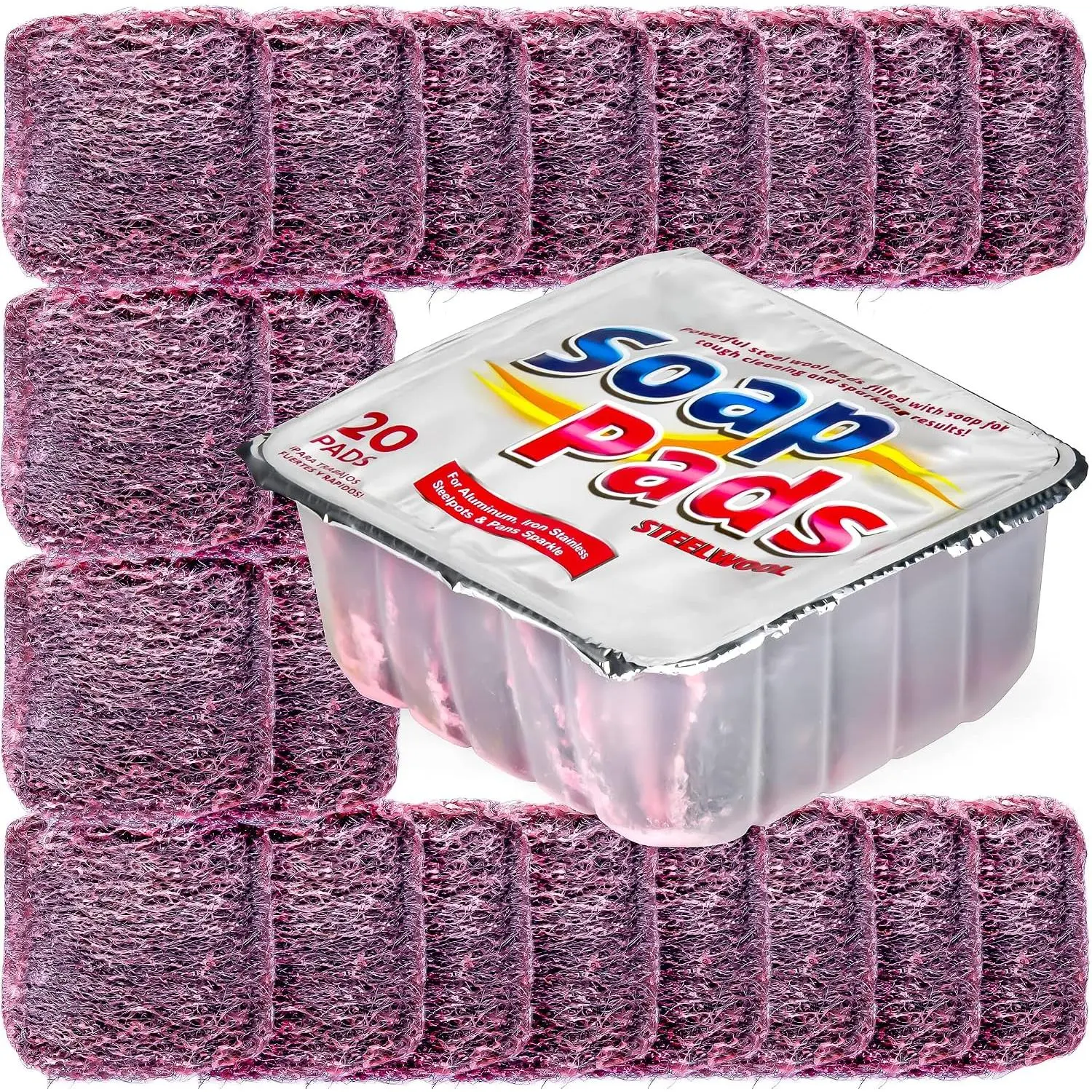 20 Pack Steel  Soap Pads, Pre-Soaped Metal Scouring Pads for Easy Cleaning of Dishes, Pans, Ovens and Pots