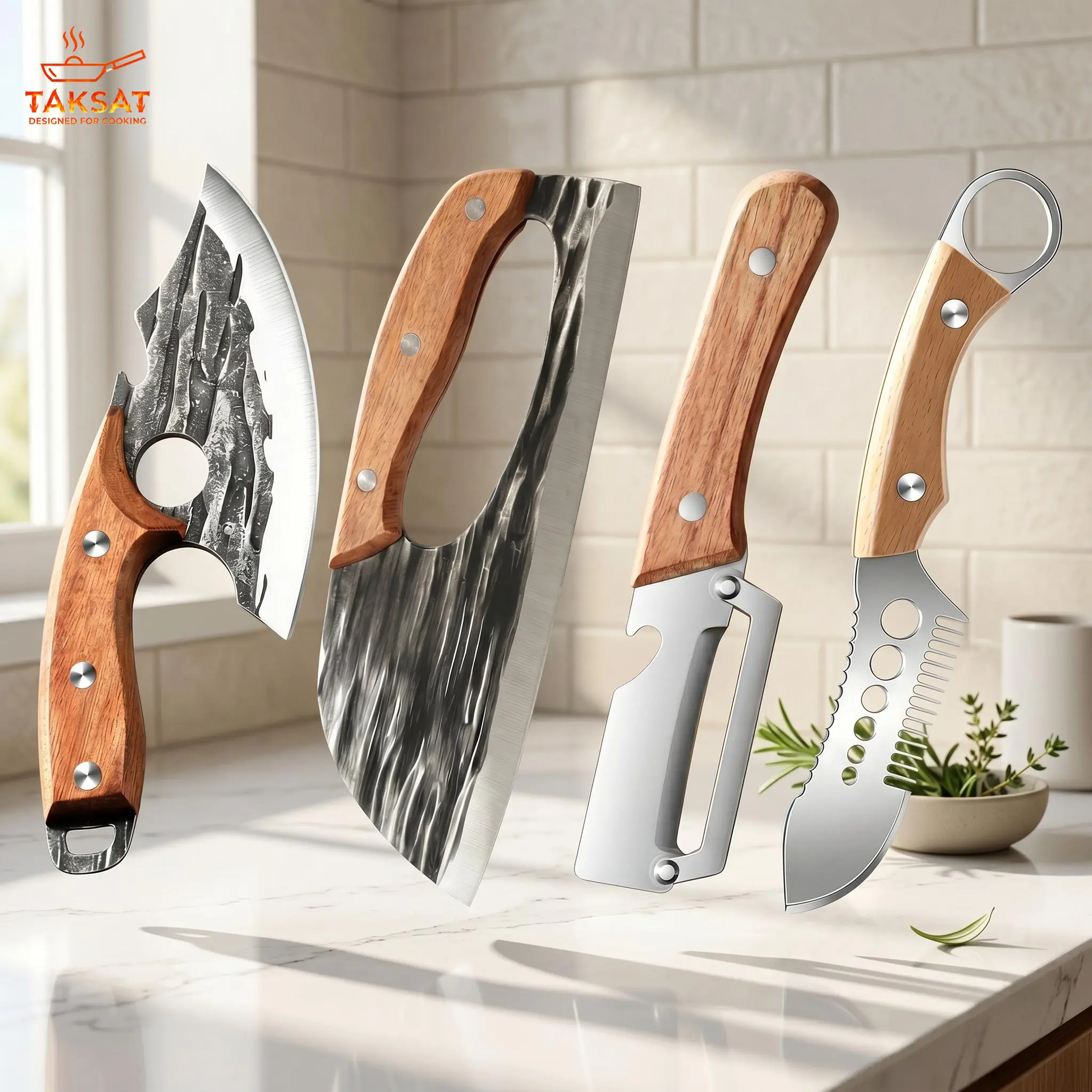 [4pcs-Buy 2 Get 2] Kitchen Knives, Forged Kitchen Knife Set - Forged Carbon Steel Cleaver Knife, Fruit & Veggie Peeler with Sharp Stainless Steel Blade, Stainless Steel Vegetable Peeler with Wooden Handle, Fish scale scraper, Ergonomic Non-Slip Handle.