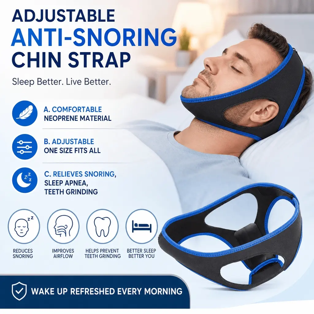 Breathable Neoprene Material Anti Snoring Chin Strap for Men Women - Comfortable Adjustable Sleep Aid, Washable & Reusable, Side Sleeper Friendly, Anti-Slip Snore Stopper