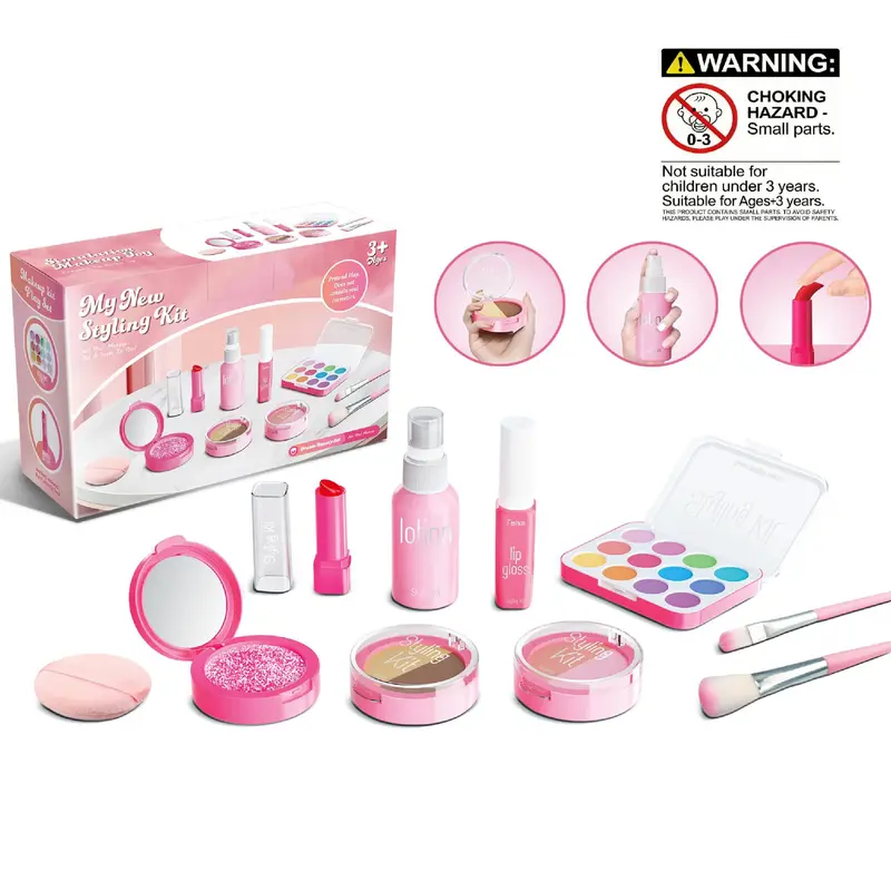 10Pcs Pink Pretend Play Makeup Toy Set, Pretend Play Item, Not Real Makeup, Realistic Cosmetic Kit with Lipstick, Powder Puff & Assorted Accessories, Ideal Birthday & Christmas Gift for Girls Ages 3+