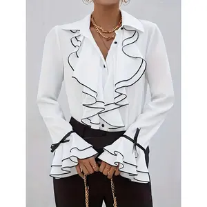 New Casual Elegant Charm Ruffle Sleeve Flare Shirt, New Black and White Ruffle Sleeve Tie Cuff Top, Women's Clothing