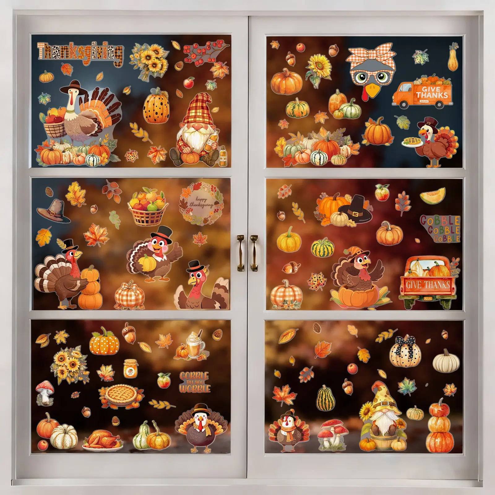 Gratitude Festival Glass Window Static Stickers, 9-Piece Set, 11.81x7.87 Inch, Pre-Cut Patterns, Removable, Halloween Party Decor