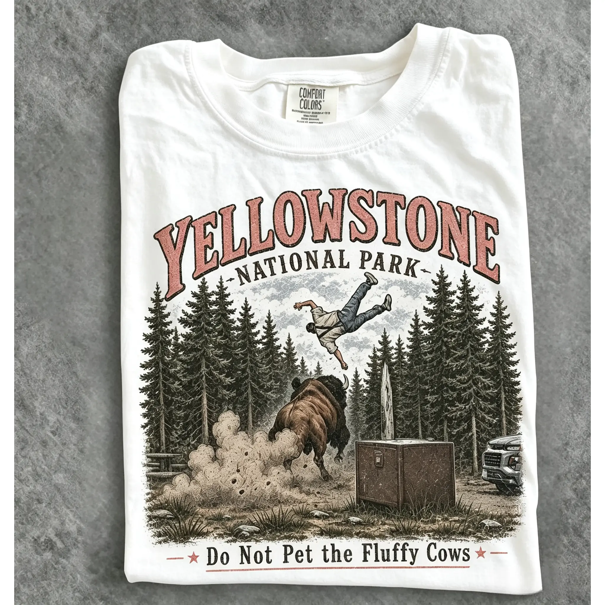 Women's Fitted Graphic Tee, 'Do Not Pet the Fluffy Cows' Short Sleeve Round Neck Tshirt for Funny Yellowstone Vacation or Summer Road Trip, Shortsleeve