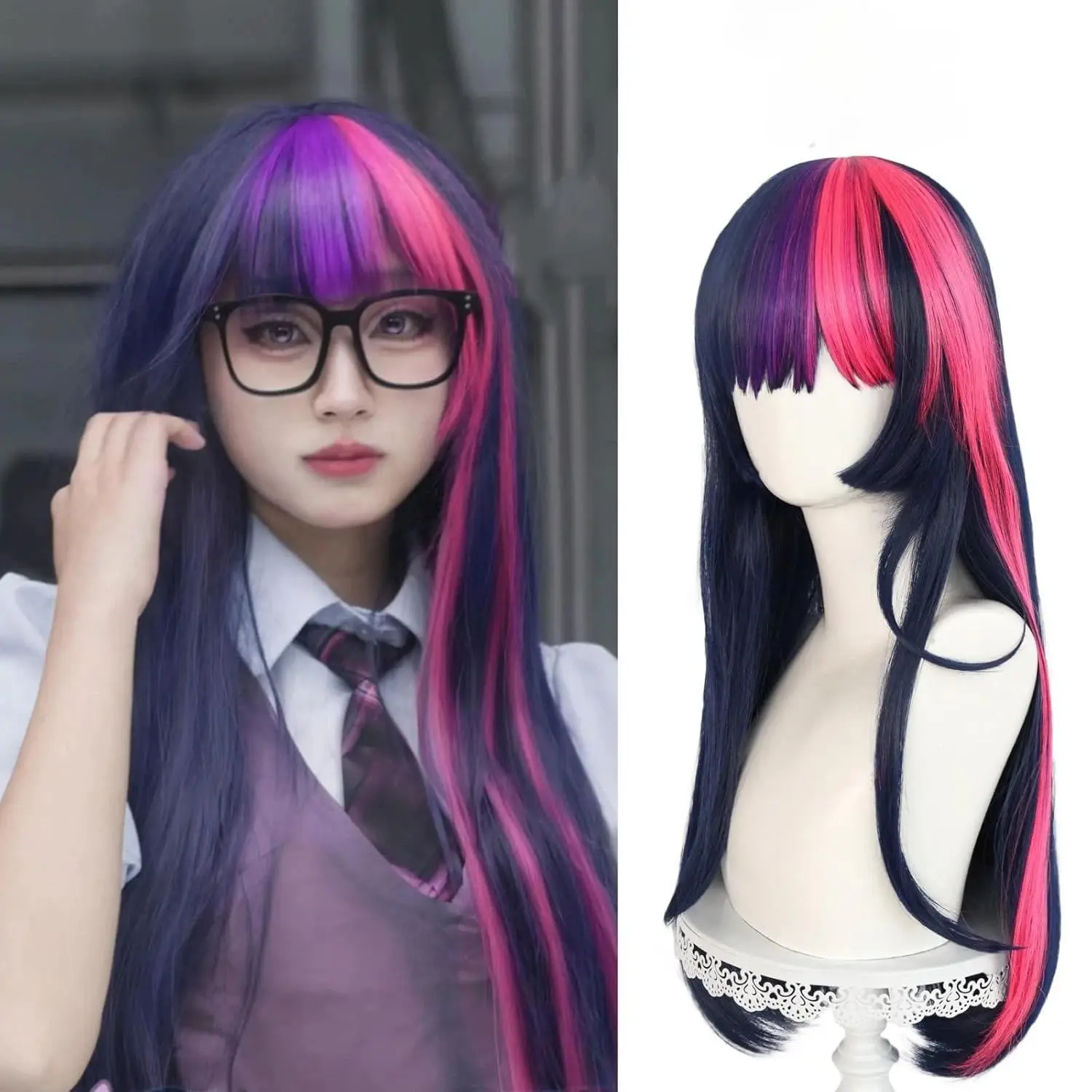Twilight Sparkle Wig Women Long Straight Purple Mix Pink Wig with Bangs Purple Pink Wigs Women Long Wavy Hair Halloween Party