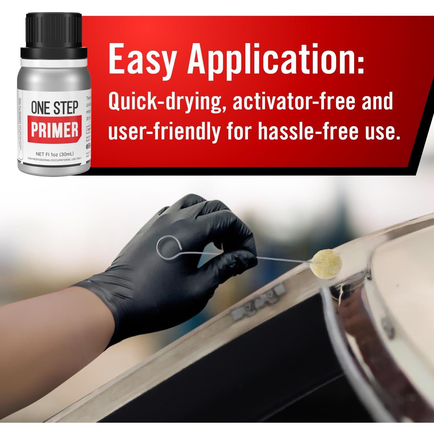 Windshield Primer - Ideal for Windshield Replacement - Promotes Adhesion of Urethan Adhesive/Sealants -  -  Drying, No Activator - Incl. 2 Daubers and Gloves - Black - 30 mL / 1 fl oz