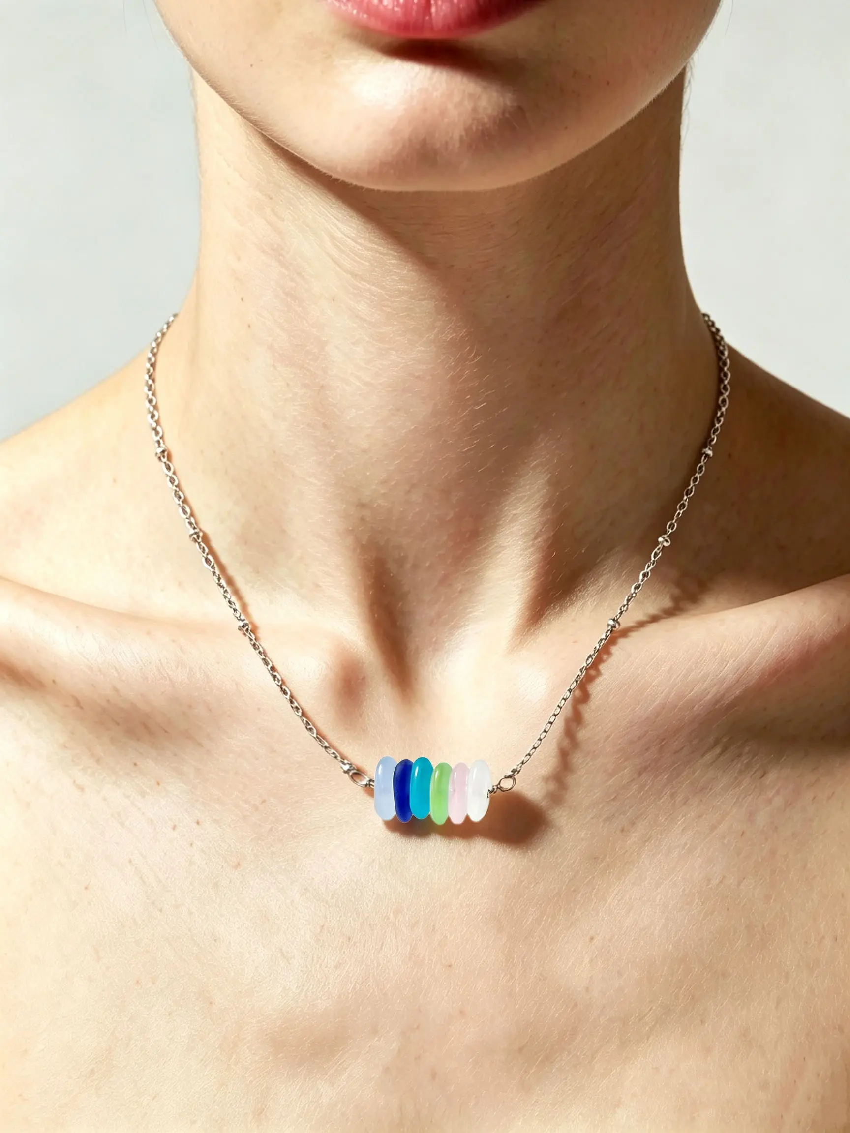 Handmade Rainbow Sea Glass Necklace, Silver Color Thin Chain, Matte Transparent Pendant, Lightweight Daily Wear, Beach Vacation Accessory