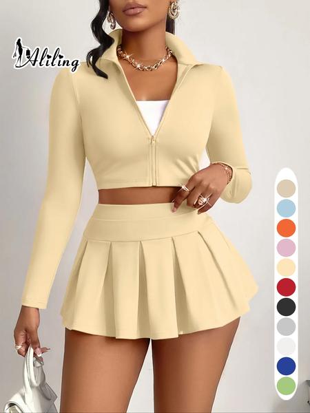 Aliling Casual Women's Two-Piece Set, Spring & Fall Long Sleeve Zipper Crop Top, High Waist Short Pleated Skirt, Slim-Fitting Crop Top and Skirt