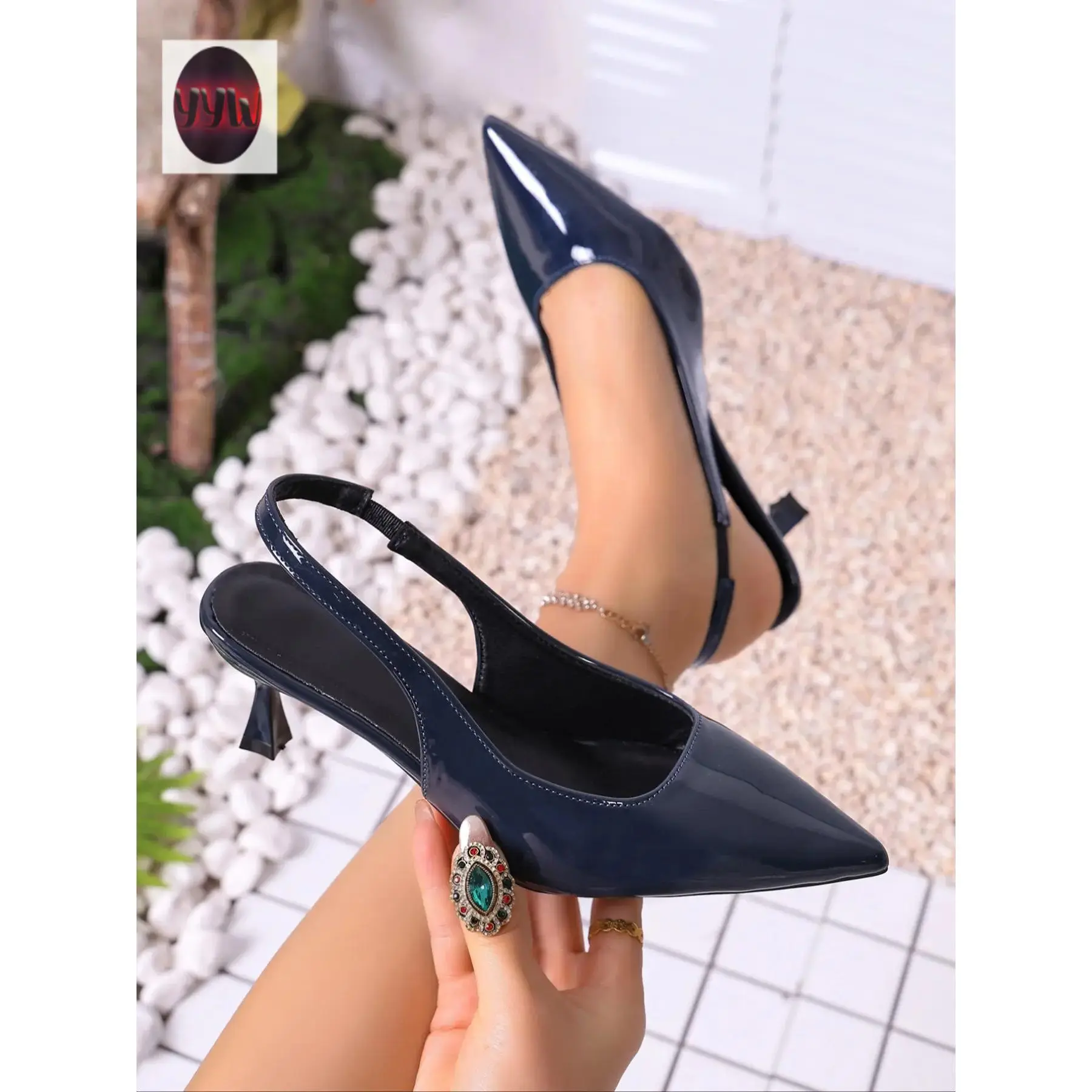 YYW1 Women's Patent Leather Pointed Toe Slingback Kitten Heel Pumps, Elegant Style Shoes, Date Night Footwear, Comfortable & Durable Design#KittenHeels#SlingbackPumps#PatentLeather#WomensFootwear