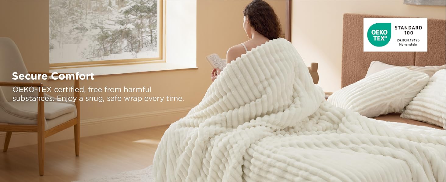 3-Piece GentleSoft Double-Side Fleece Fluffy White Queen Size Comforter Set, 2 Pillowcases, 90x90 Inches, Cozy Striped Luxury Home Bedding Decor, Home Supply, Three-Piece