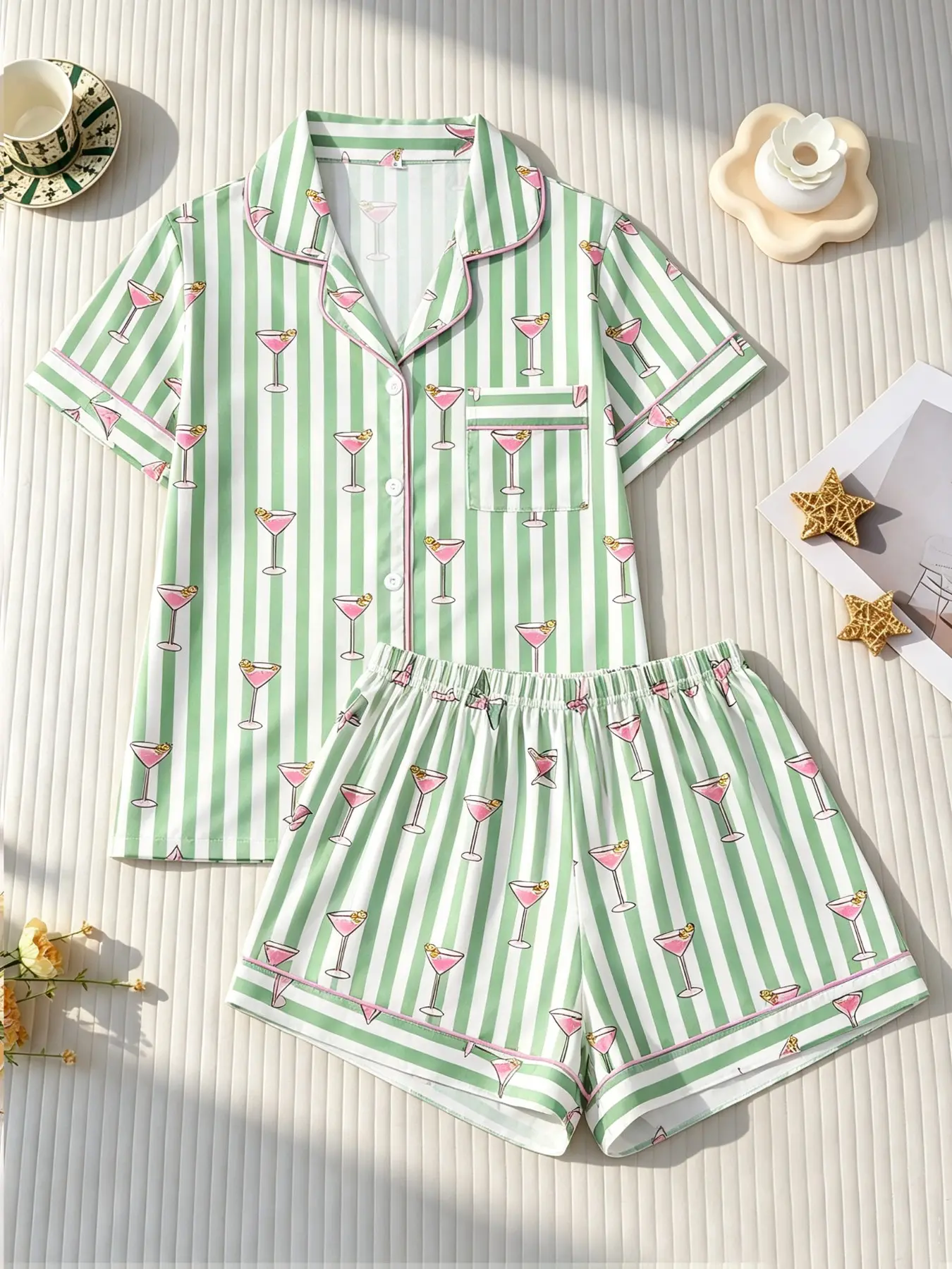 Women's Summer Pajama Set, Loungewear, Striped Cocktail Print, Short Sleeve Button Down Top & Elastic Shorts, Casual All-Season Sleepwear