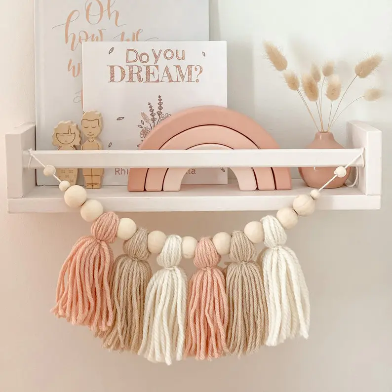 Boho Macaron Beads Handwoven Tassels Cotton Yarn Hanging - Ins Nordic Wooden Bead Wall Decor for Kids Room, Indoor Recreation Party Props (Sports & Outdoor Leisure Equipment), Style A
