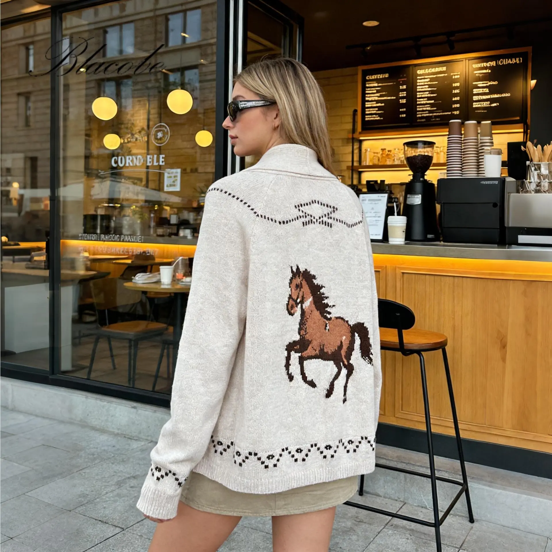 Boho Galloping Horse Cardigan for Women, Vintage Western Longsleeve Open Front Knit Sweater, Cozy Lightweight Fall Tops, Longsleeves, Boho Clothes For Women, Western Clothes, Retro