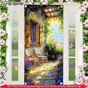 2D Flat Tapestry 1pc, Mediterranean Style Floral Door Flag, Outdoor Patio Garden Decor, Summer Party Background Wall, Polyester Material