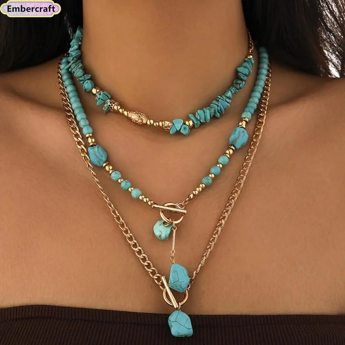 Women's Turquoise Choker Necklace - Bohemian Western Layered Jewelry Stack, Lightweight Festival & Vacation Fashion Accessory, Accessories For Women