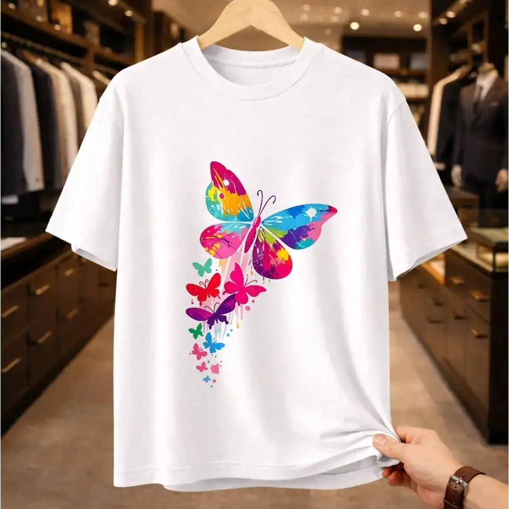 Unisex Short Sleeve Casual All Season T-Shirt - Colorful Butterfly Splatter Graphic, Vibrant Watercolor Nature, Artistic Boho White Top for Women, Shortsleeve