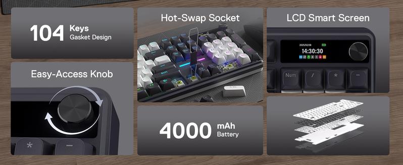 Redragon K762 Wireless Gasket Gaming Keyboard w/Hype Screen & Knob, 104 Keys Mechanical Keyboard, Easy-Control 1.14’’ TFT Info Display, 5-Layer Noise Dampening, Round PBT Keycaps, Mint Mambo Switch, Abyssal Blue