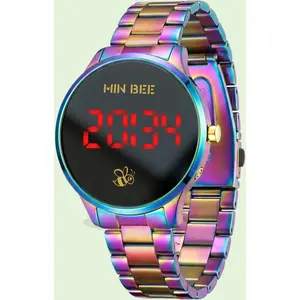 Unisex 40mm Minimalist Rainbow Digital Watch, Large LED Display 12/24H Format, Stainless Steel Band, 30m Water Resistant, Tool-Free Adjustable